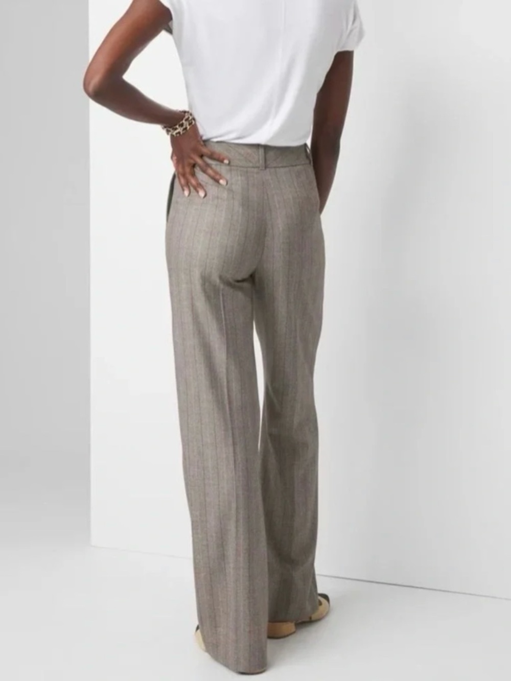 WHBM Petite Luna Wide Leg Pinstripe Trousers, Neutral Herringbone, NWT, Size 14R